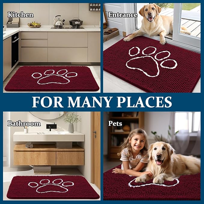 OLANLY Dog Door Mat for Muddy Paws 30x20, Paw Print Design, Absorbs Moisture and Dirt, Absorbent Non-Slip Washable Doormat, Quick Dry Chenille Mud Mat for Dogs, Entry Indoor Entryway Carpet, Burgundy