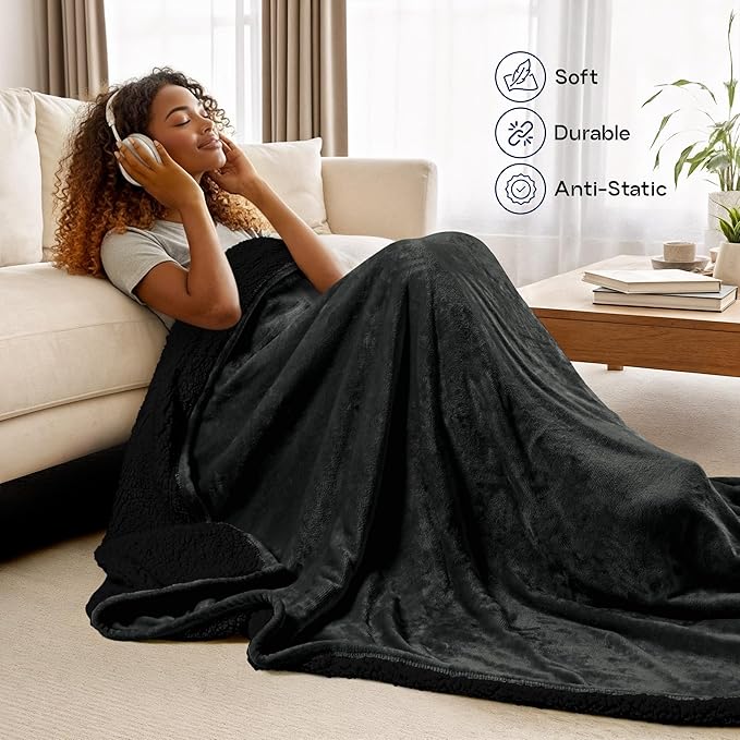 Utopia Bedding Sherpa Blanket Queen Size (Black, 90x90 Inches) - Soft Lightweight Plush Fleece Reversible Blanket for Bed, Sofa, Couch, Camping and Travel