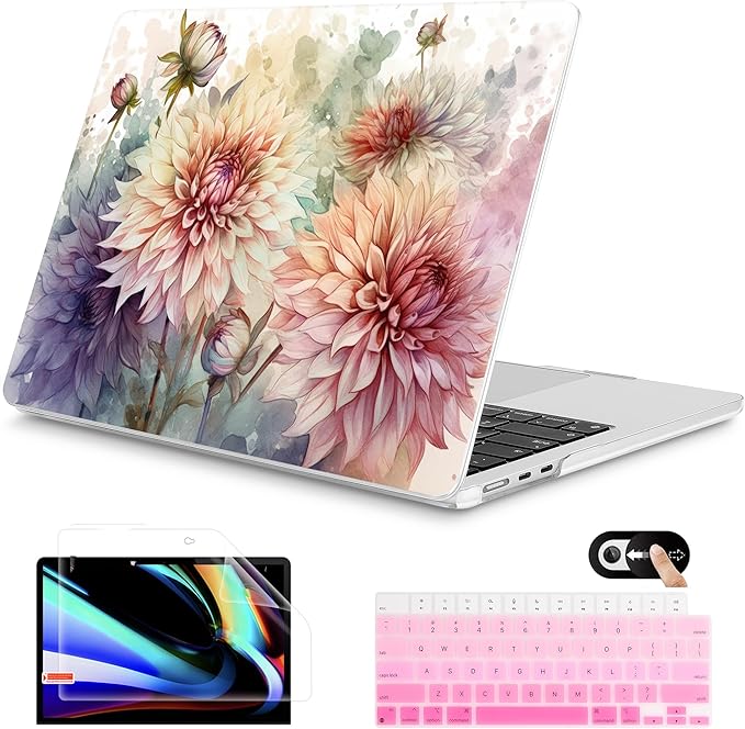 Mektron for 2025 M4 MacBook Air 13.6 Inch A3240 Case Fits 2023 A2681 M2 2024 A3113 M3 Chip with Liquid Retina Display, Printed Plastic Hard Shell Cover for MacBook Air 13.6", Watercolor Dahlias