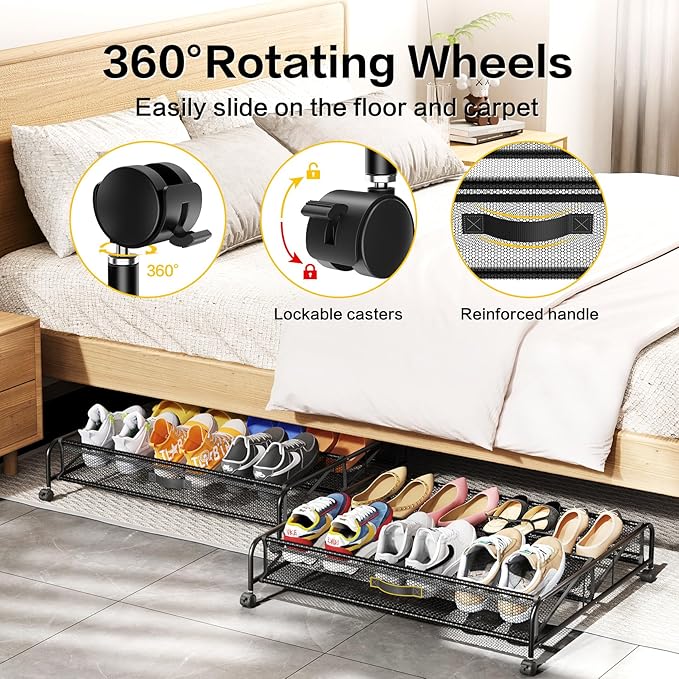 Under Bed Shoe Storage Organizer, 2 Pack Under Bed Storage Containers with Wheels for Under Bed Shoe Organizer Drawer Space Saving for bedroom