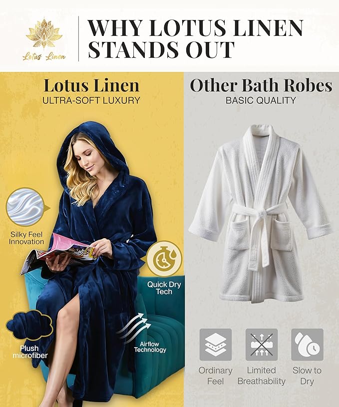 Lotus Linen Plush Robes for Women - Soft Bathrobe, Custom Monogram, Warm Fleece Robe with Pockets