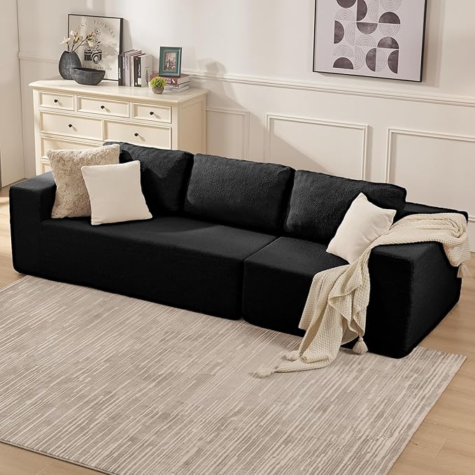 40" Giant Bean Bag Chair for Adults, Upholstered Floor Sofa Couch with Pillow, Teddy Boucle Sofa for Bedroom Living Room, No Assembly Required (Black, Teddy Boucle)