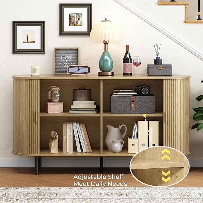 Buffet Cabinet with Storage, Fluted Sideboard Buffet with Sliding Door, Coffee Bar Cabinet with Adjustable Shelf, Console Table, Accent Table for Entryway, Kitchen (Oak, 55 Inch)