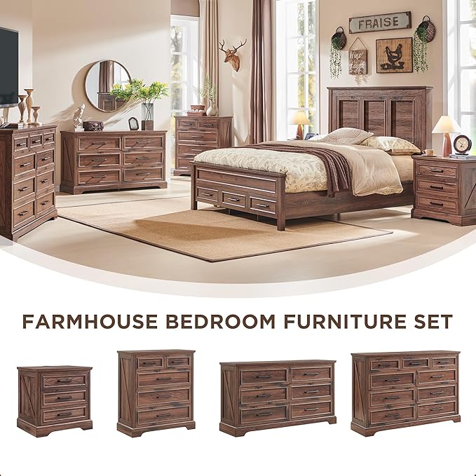 ACCOHOHO Farmhouse Nightstands Set of 2, 22 Inch Wide End Table with Charging Station & 3 Large Drawers, Rustic Wood Small Dresser Chest of Drawers for Bedroom, Living Room, Brown
