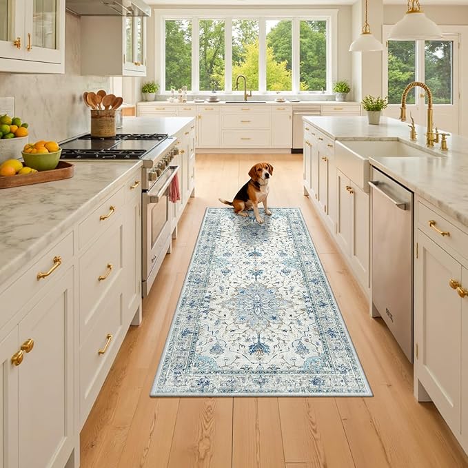 Area Rugs 2'x6' Washable Non-Slip, Floral Vintage Distress Print Pattern Medallion Carpet for Living Room Bedroom Dining Room, Light Blue Navy Beige Gray White