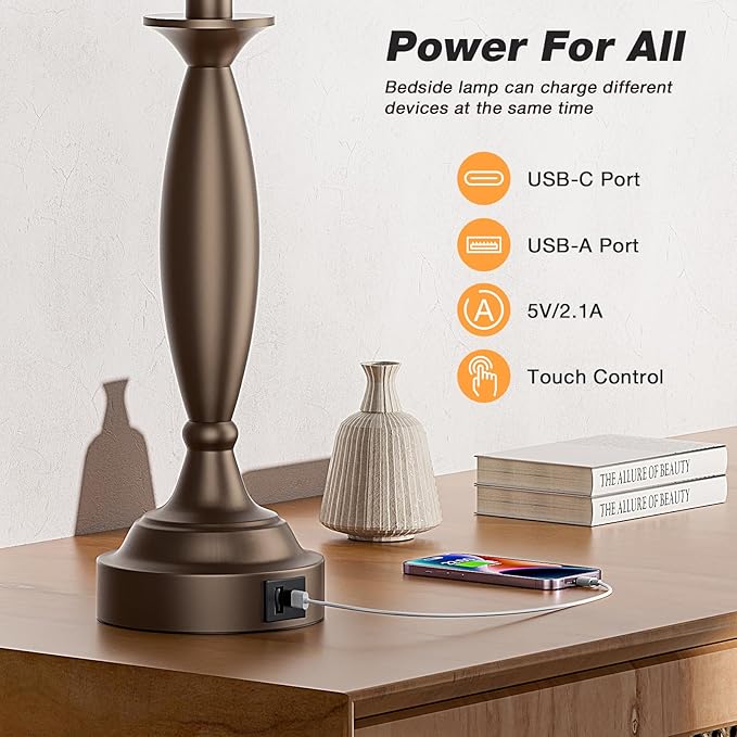 Seealle White Brown Lamps for Bedrooms Set of 2 - Touch Control Bedside Lamp with USB C+A, 3 Way Dimmable Nightstand Lamps with USB Port, Table Lamp for Living Room(White Shade and Brown Base)