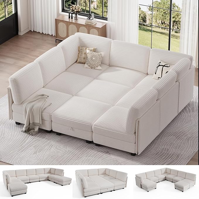 Modular Sectional Sofa with Adjustable Backrest, Large Convertible L/U-Shaped Sleeper Couch for Living Room, Cloud Sofa Bed Modern Reversible Design, White