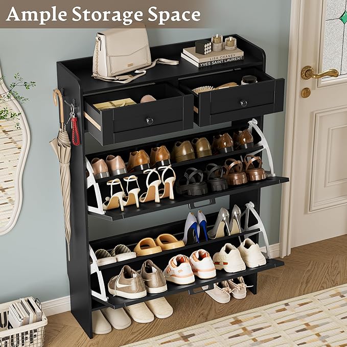 Shoe Storage Cabinet for Entryway, Farmhouse Narrow Shoe Cabinet with 2 Flip Drawers & Top Drawers, Adjustable Shelves & Hooks, Freestanding Hidden Rack Organizer for Hallway, Foyer