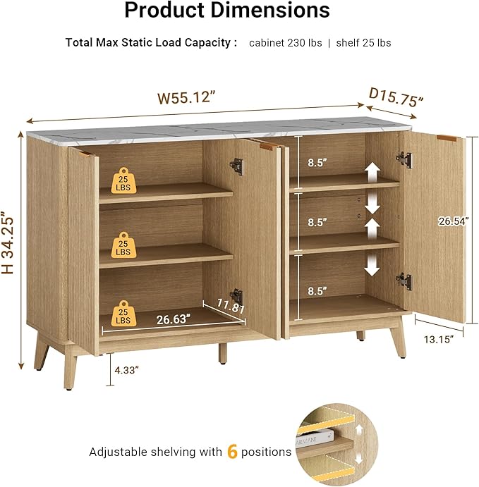 Sideboard Cabinet, 55'' Buffet Cabinet with Faux Marble Top & Adjustable Shelf, Modern Fluted Storage Cabinet, Accent Credenza Sideboard for Kitchen, Living Room, Entryway