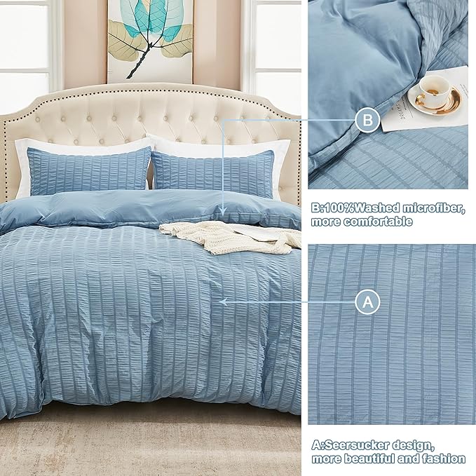 AveLom Seersucker Duvet Cover Set Queen Size Grayish Blue (90 x 90 inches), 3 Pieces (1 Duvet Cover, 2 Pillow Cases), Soft Washed Microfiber Textured Duvet Cover with Zipper Closure, Corner Ties