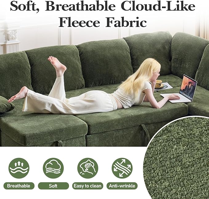 VINGLI Convertible Sofa Bed Couches for Living Room, Sleeper Sofa with Pull Out Couch Bed, Cloud-Like Plush Fleece U-Shape Sectional Couch with Storage Chaise, USB Charging, Side Pockets