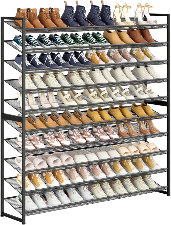 Large Shoe Rack 10 Tier Shoe Organizer, Heavy Duty Metal 5-Tier Stackable Shoe Storage Vertical Shoe Rack for Closet Front Door Entrance, Up to 62 Pairs, 44.8" W x 11.4" D x 71.2" H, Black