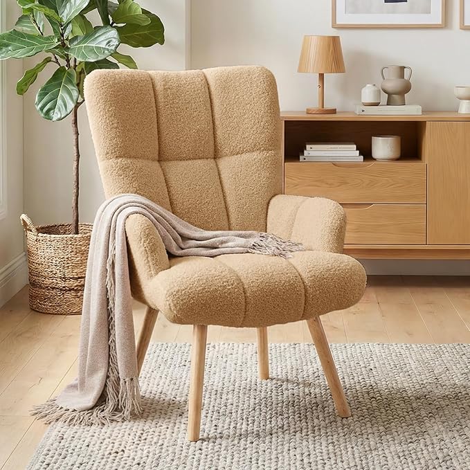 Joysoul Modern Accent Chair, High Back Arm Chair with Wood Legs Sofa Seat Teddy Fleece Fabric Reading Chair for Living Room Bedroom Waiting Room (Brown)