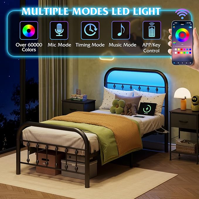 WLIVE Metal Platform Bed Frame, Twin Bed Frames with Headboard, Bed Frame with LED Lights and Charging Station, 600LBS Mattress Foundation, Under Bed Storage, No Box Spring Needed, Black