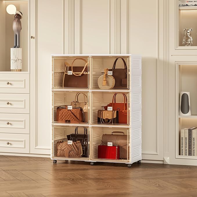 6 Cubbies Handbag Storage Organizer for Closet, Purse Organizer Cabinet with Magnetic Doors & Wheels, Foldable One-Piece Transparent Storage Box for Bags, Boots, Clothes, Toys, Books