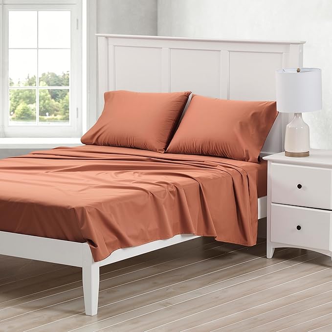 Cuddledown Dreamstead 100% Cotton Bed Sheets Set | 300 Thread Count | Luxurious Sateen Weave | Pure Combed Cotton | Soft | Wrinkle Resistant | 4 Piece Set | Red Sand | Full | 54” x 75"