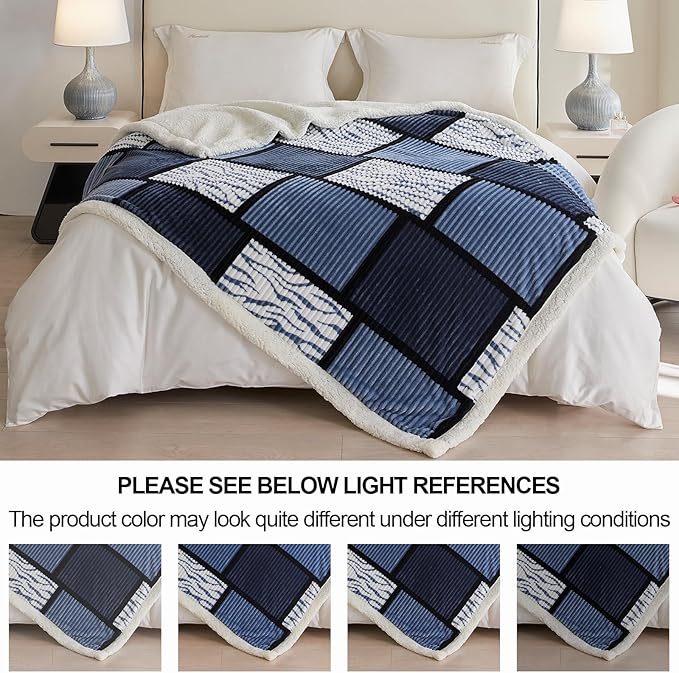 Blanket for Women, Sherpa Throw Blanket for Couch, Flannel Cozy Soft Checkered Blanket for Bed - Fleece, Black-White, 60x80 Inches