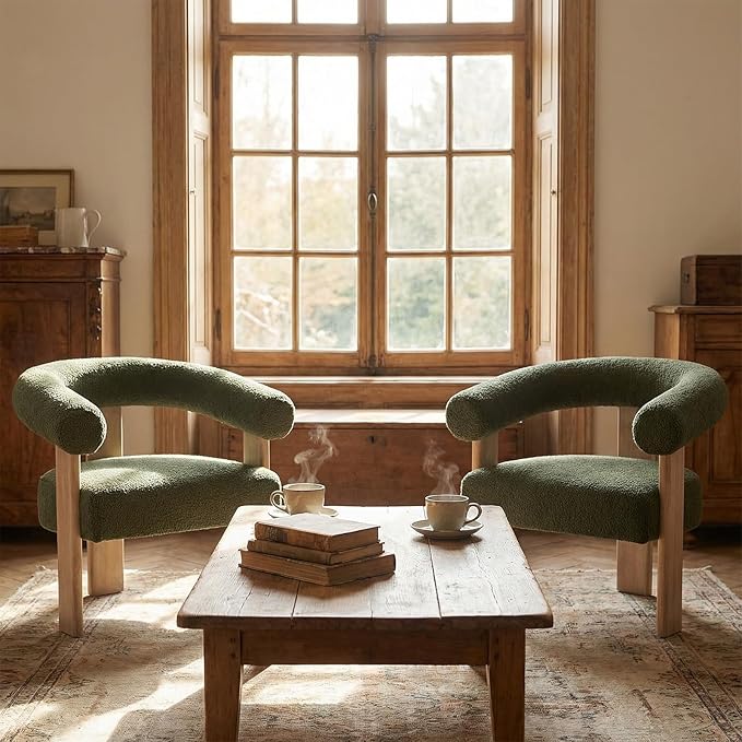 VKNOW Accent Chair Living Room Chairs Set of 2, Modern Upholstered Arm Chair with Solid Wood Legs, Comfy Barrel Accent Chairs for Living Room, Bedroom, Green