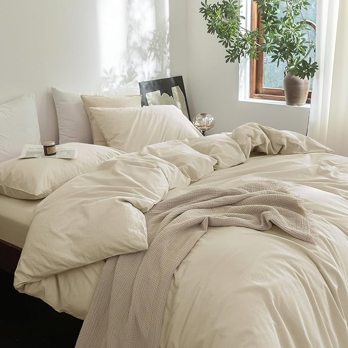 FOSSA Duvet Cover Set 100% Washed Cotton Linen Feel Super Soft Breathable Cozy 3 Pieces Bedding Sets Solid Almond Grey Twin
