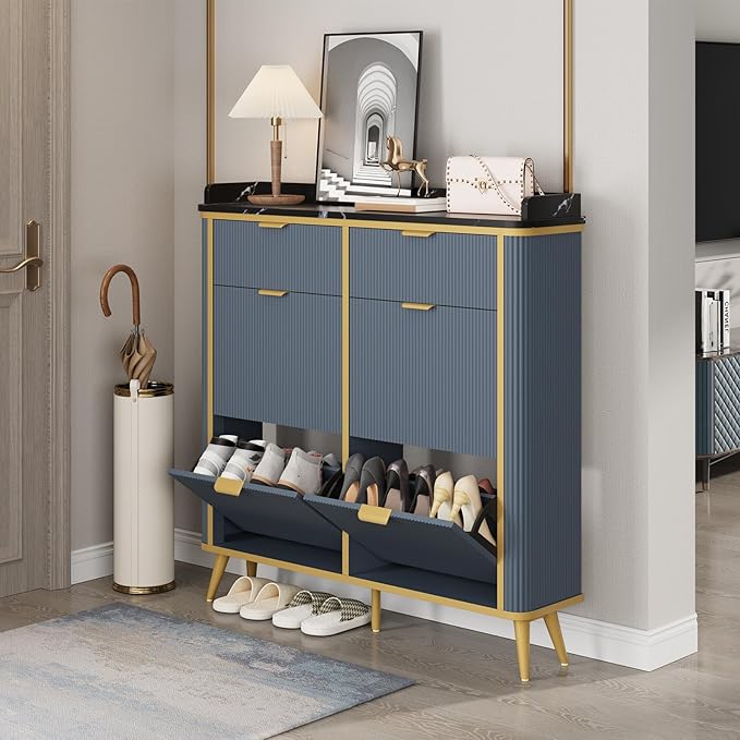 Fluted Shoe Cabinet Storage, Modern Slim Shoe Organizer Cabinet with 4 Flip Drawers & 2 Drawers, Wooden Freestanding Shoe Rack Cabinets for Entryway, Foyer, Hallway, Navy Blue