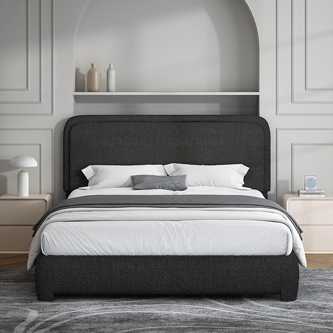 BarnFurin Full Size Bed Frame, Boucle Upholstered Platform Bed Frame with Headboard, Modern Style, Soft Rounded Corners, No Box Spring Required, Easy Assembly, Black