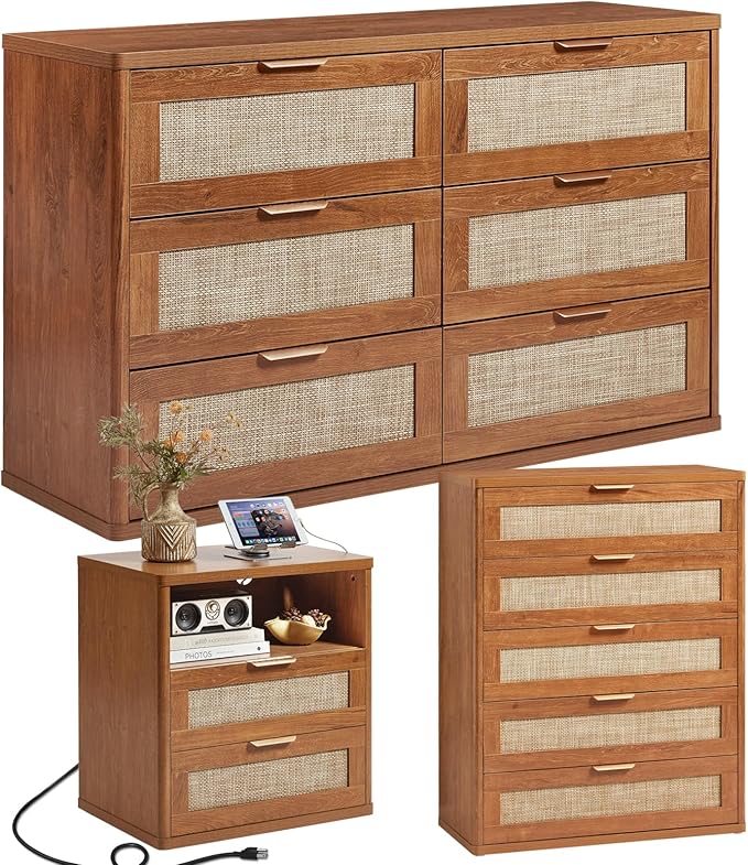 LEYAOYAO Rattan Dresser and Nightstand Set of 3, Boho Wood Dresser for Bedroom with 6 Drawers and Night Stand with Charging Station, Bedroom Furniture, Dressers & Chests of Drawers,Hallway,Living Room