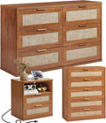 LEYAOYAO Rattan Dresser and Nightstand Set of 3, Boho Wood Dresser for Bedroom with 6 Drawers and Night Stand with Charging Station, Bedroom Furniture, Dressers & Chests of Drawers,Hallway,Living Room