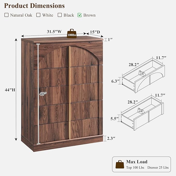 ACCOHOHO Modern 5 Drawers Dresser for Bedroom with Arched Panel,44" Tall Dresser for Closet with Metal Handles,Push-to-Open Wood Storage Closet Dressers Tv Stand for Living Room, Hallway,Brown