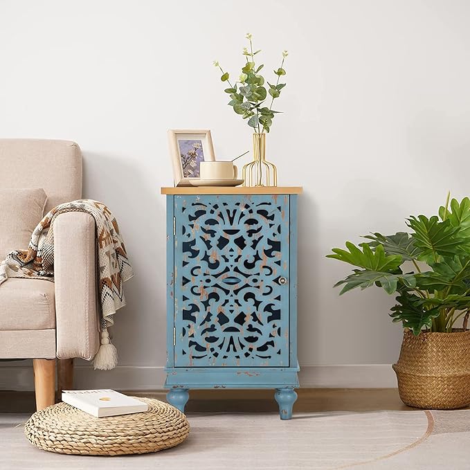 PHI VILLA Small Accent Storage Cabinet with Single Door - Decorative Nightstand for Living Room Bedroom, End Side Table Cabinet Blue