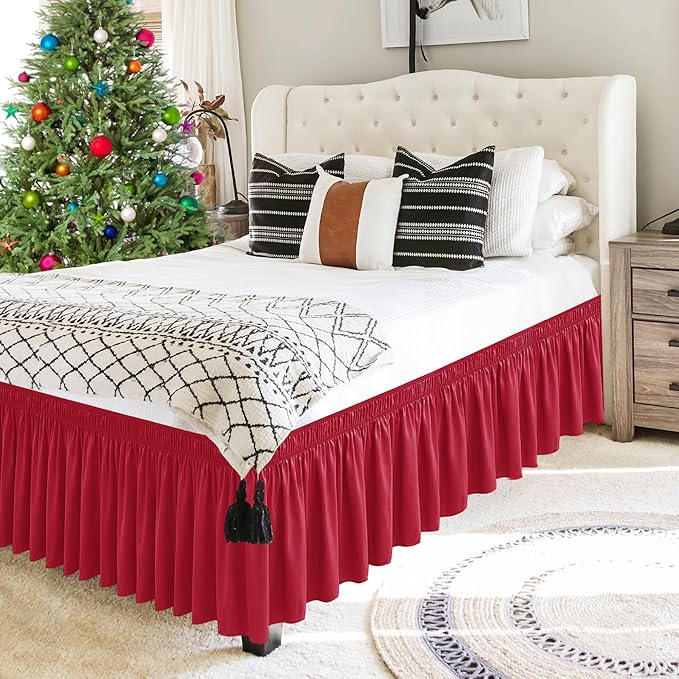 Biscaynebay Wrap Around Bed Skirts for Queen Beds 15" Drop, Red Adjustable Elastic Dust Ruffles Easy Fit Wrinkle & Fade Resistant Silky Luxurious Fabric Machine Washable