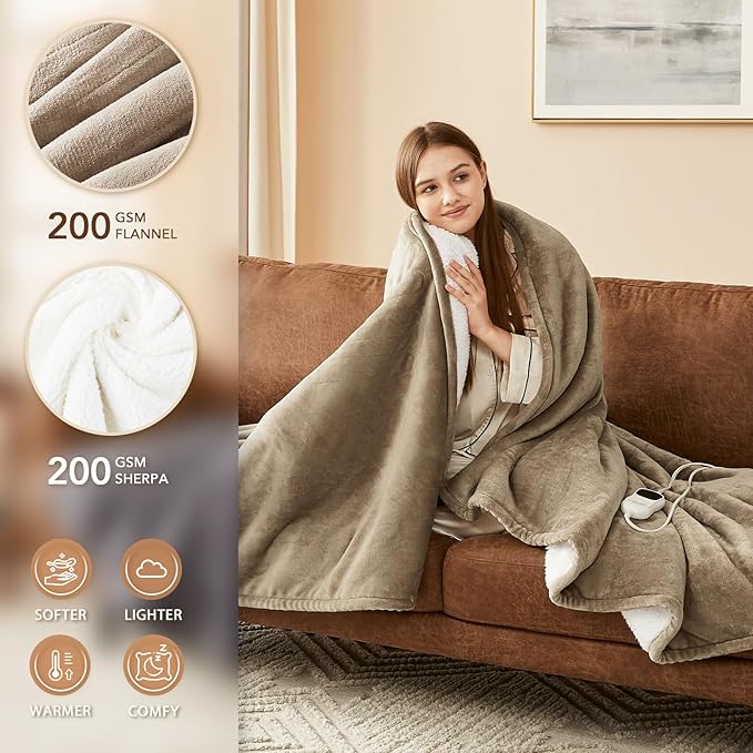 Homemate Electric Heated Blanket Queen Size - 84"x90" Heating Blanket Queen Size Dual Control 1/2/4/6/8 Hours Auto-Off 10 Heat Level Over-Heat Protection Flannel Sherpa ETL Certification