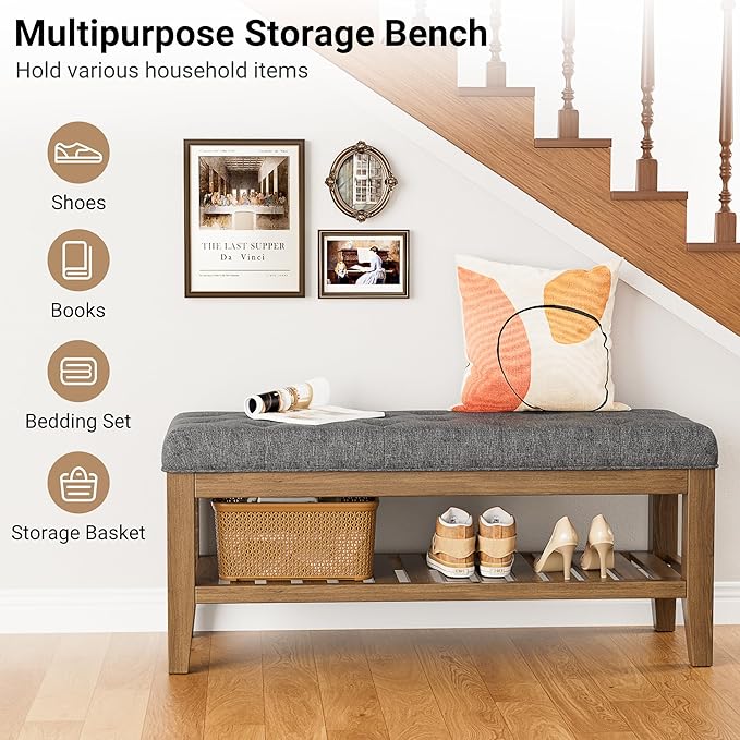 End of Bed Storage Bench, 42.9" Entryway Shoe Bench with Solid Wood Shelf, Upholstered Ottoman with Padded Seat for Bedroom, Hallway and Lining Room, Dark Gray