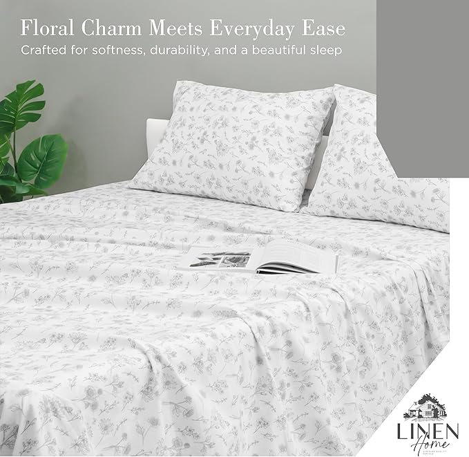 Linen Home 100% Cotton Printed Percale Sheets California King Size, Deep Pocket, 4 Pieces Set - 1 Flat, 1 Deep Pocket Fitted Sheet and 2 Pillowcases, Crisp Cool Bed Linen, Grey Botanical Floral