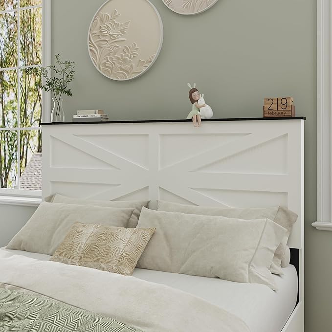 Queen Size Farmhouse Wooden Bed Frame with Headboard, Boho Platform Bedframe Sturdy Metal Slats Support, Spring Needed, Noisy Free, Easy Assembly (Queen, White)
