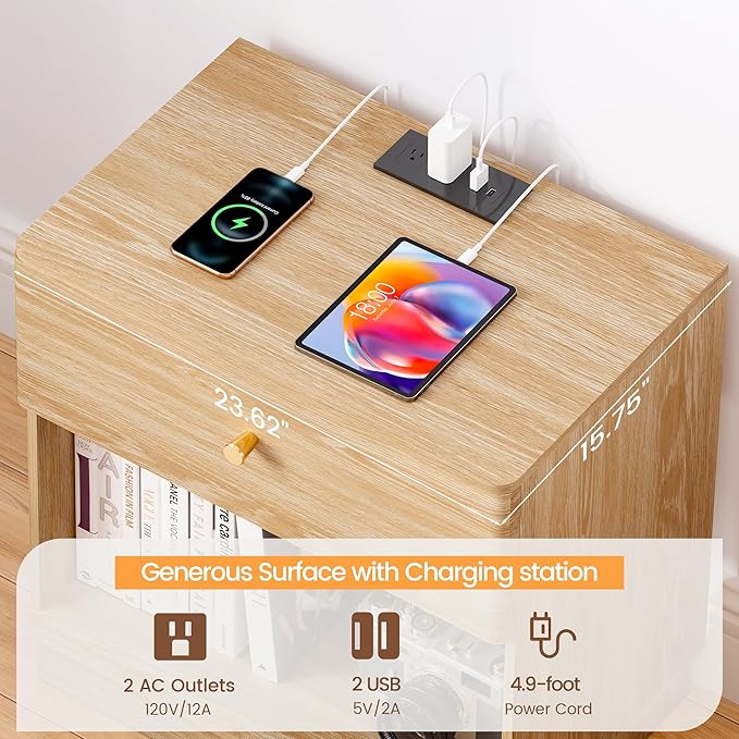 Narrow Nightstand Set of 2, Wooden Small 2 Drawer Nightstand, Slim Side End Table, Skinny Bedside Table, Mid Century Modern Night Stand with Drawers, for Living Room (Natural-Charging Station-2 pcs)