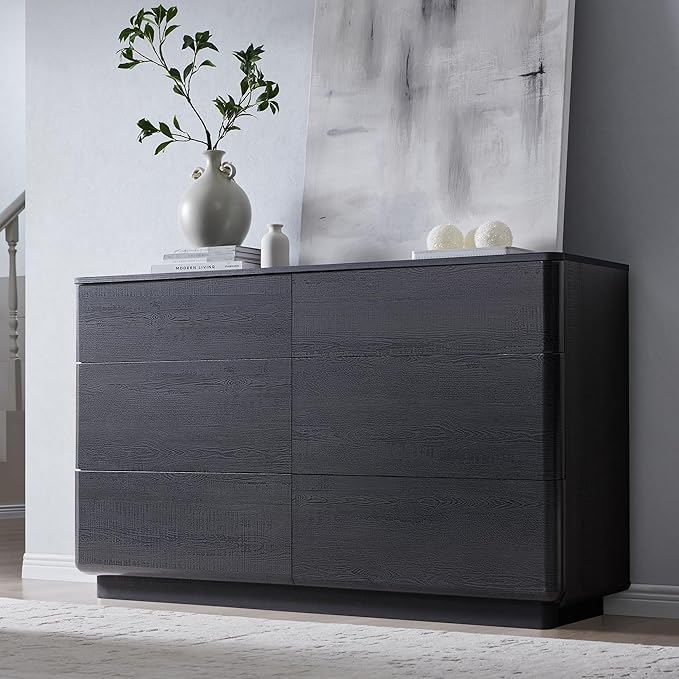 ACCOHOHO Modern 6 Drawer Dresser for Bedroom, 52" Wide Wooden Dressers with Large Storage,Handleless Chest of Drawers TV Stand for Living Room & Hallway, Curved Profile Design, Black