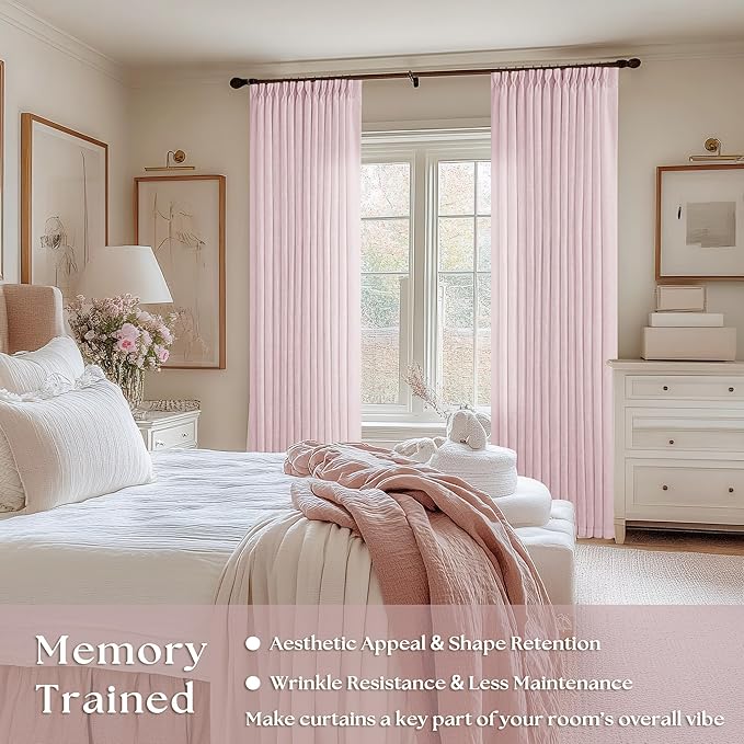 Pinch Pleated Pink Linen Curtains 120 Inches Long for Girls Bedroom Living Room Light Filtering Extra Long Pleated Semi Sheer 120 Inch Curtains Drape Window Panels Pink Blush Babys Nursery
