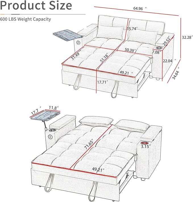 65'' Convertible Sofa Bed 3-in-1 Pull Out Couch, Folding Sleeper Sofa with 360° Swivel Side Table, Modern Chenille Fabric Futon, Small Space Living Room Furniture, Easy Assembly