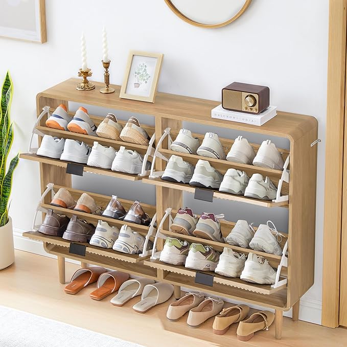 Shoe Storage Cabinet for Entryway, Narrow Shoe Organizer Cabinet, 4 Flip-Down Drawers, Round Fluted Panel, Hidden Wood Slim Shoe Rack for Foyer, Hallway (Natural)