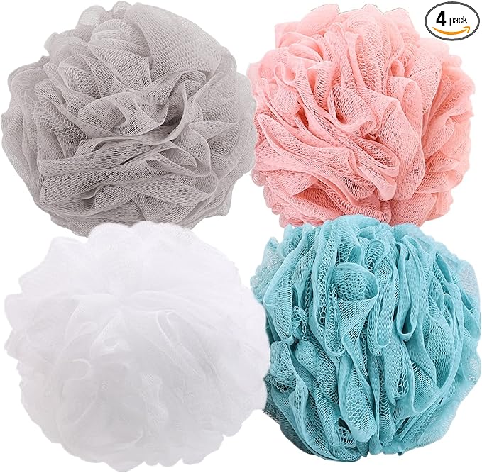 BTYMS 4 Pieces Loofah Sponges for Shower, 75 Gram Large Shower Puffs Bath Scrunchies Exfoliating Bath Sponges for Body