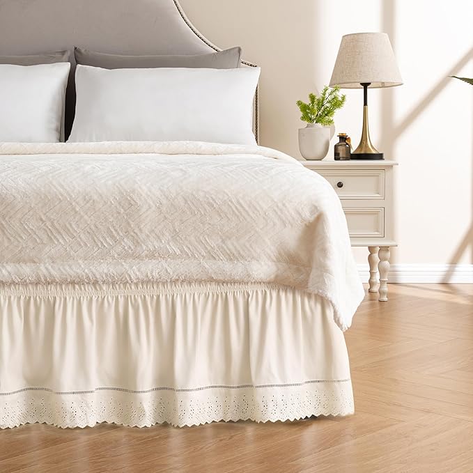 MIYE Wrap Around Ruffled Lace Bed Skirt, Elastic Dust Ruffle with Adjustable Belts, Easy to Put On, Bed Frame Cover, Machine Washable (Embroidered/Light Beige, King/Queen-12.5" Drop)