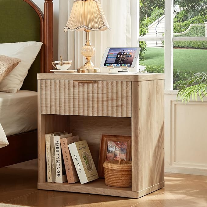 LEYAOYAO Fluted Nightstand with Charging Station, 23" Wide 1 Drawers Night Stand,Natural End Table with Open Storage,Farmhouse Bed Side Tables, Wood Dresser for Bedroom, Living Room, Closet