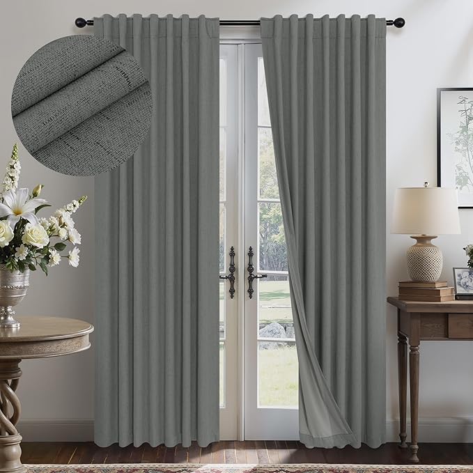 Charcoal Grey Curtains for Bedroom 2 Panel Set 63 Inch Length 100% Blackout Linen Look Thermal Insulated Light Blocking Darkening Bay Window Curtains for Boys Nursery Living Room Bathroom Dark Gray