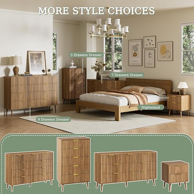 LYNSOM Fluted Dresser and Nightstand Sets 3 Piece, 7-Drawers Dresser and 1-Drawer Nightstands Set of 2, Wood Bedroom Furniture Set for Home, Bedroom, Hallway, Walnut