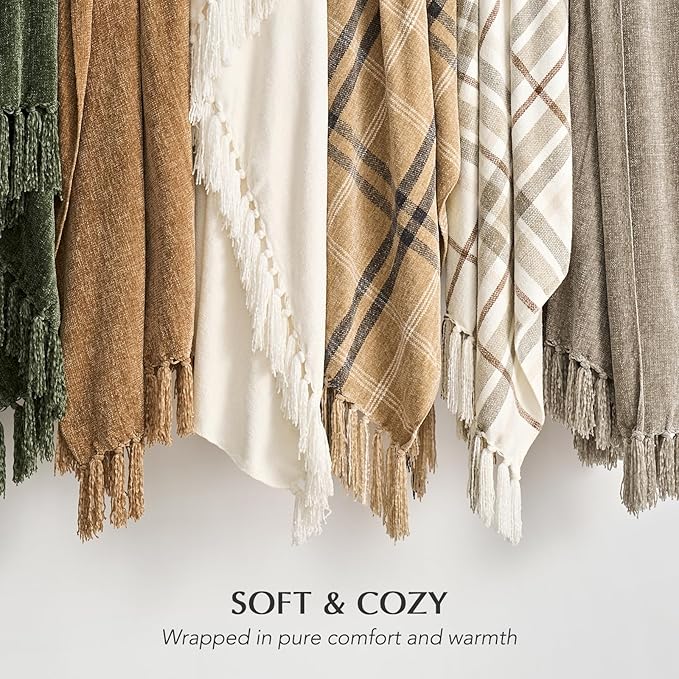 EVERGRACE Plaid Chenille Throw Blanket for Couch, Super Soft Cozy Decorative Farmhouse Plaid Throw with Tassels, Lightweight Chenille Knit Throw for Bed Sofa Gift Home Decor, Beige 50”x60”