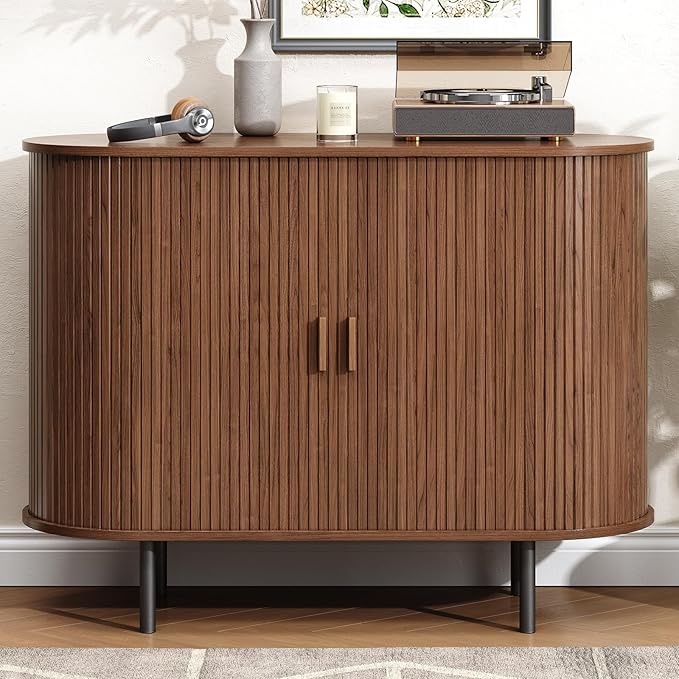 Buffet Cabinet with Storage, Fluted Sideboard Buffet with Sliding Door, Coffee Bar Cabinet with Adjustable Shelf, Console Table, Accent Table for Entryway, Kitchen (Walnut, 40 Inch)