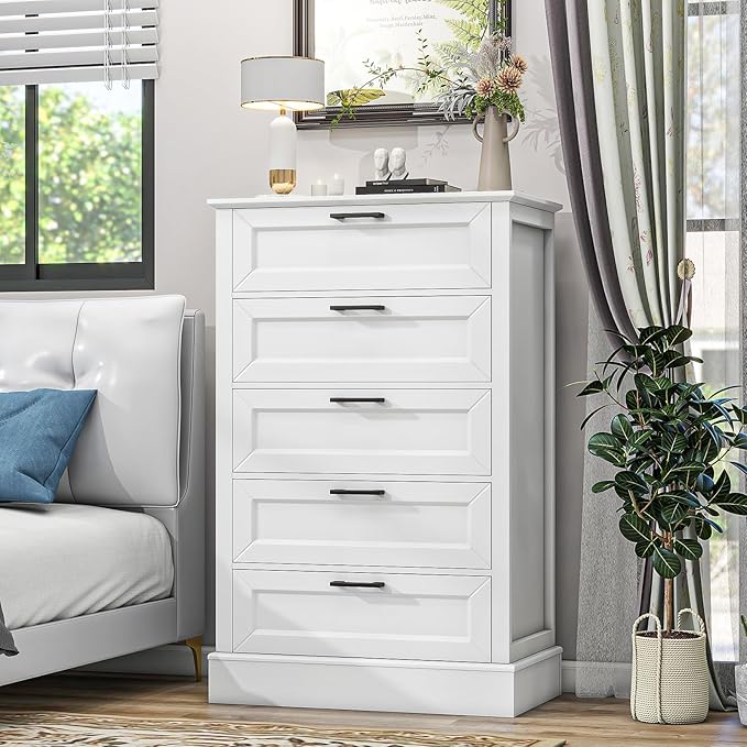 White Dresser for Bedroom, Wood Dresser with 5 Drawers, Chest of Drawer for Bedroom Living Room Entryway Hallway, Modern Farmhouse Style Black Handles 47" Tall