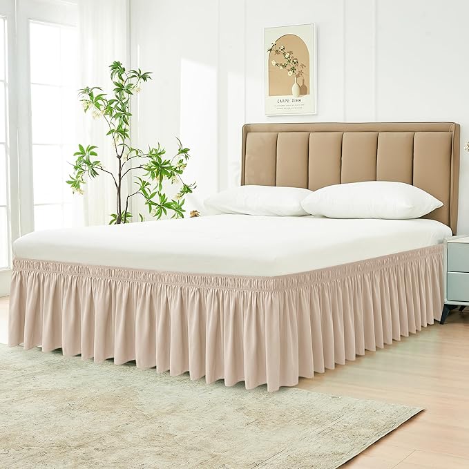 Biscaynebay Wrap Around Bed Skirts for King & Cal King Beds 14" Drop, Sand Adjustable Elastic Dust Ruffles Easy Fit Wrinkle Resistant Silky Luxurious Fabric Machine Washable