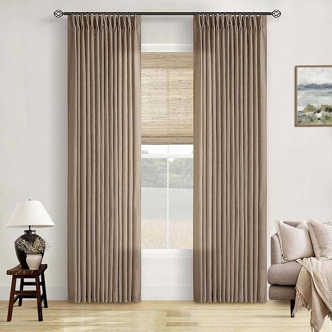 Pinch Pleated Neutral Linen Curtains 84 Inches Long 2 Panels Set for Living Room Dining Pinch Pleat Back Tab Light Filtering Farmhouse Boho Retro Window Curtain Drapes 84 Inch Length Latte Tan Brown