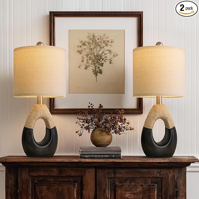 OYEARS 19" Table Lamps Set of 2, Bedside Lamps for Bedroom, Boho Lamps for Living Room, Rustic Lamps for Office, Vintage Design Nightstand Lighting (Bulb Not Included, Black)